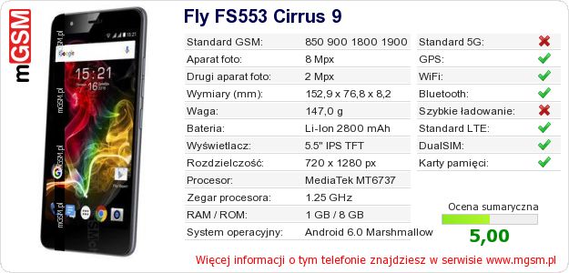 Dane telefonu Fly FS553 Cirrus 9 Dane telefonu Fly FS553 Cirrus 9