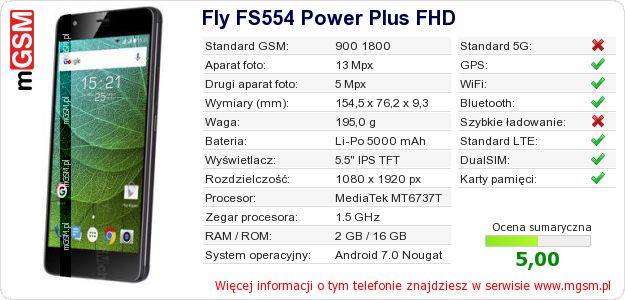 Dane telefonu Fly FS554 Power Plus FHD Dane telefonu Fly FS554 Power Plus FHD