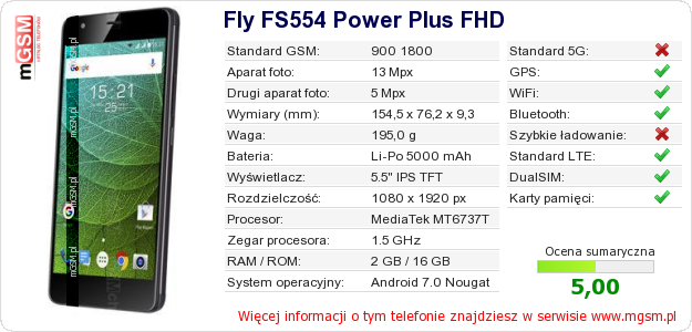 Dane telefonu Fly FS554 Power Plus FHD