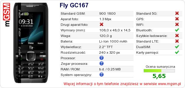 Dane telefonu Fly GC167