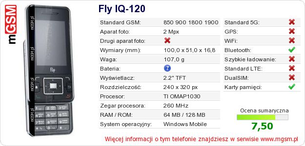 Dane telefonu Fly IQ-120