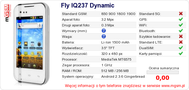Dane telefonu Fly IQ237 Dynamic