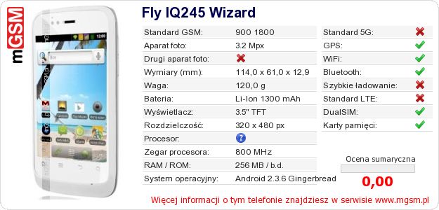 Dane telefonu Fly IQ245 Wizard