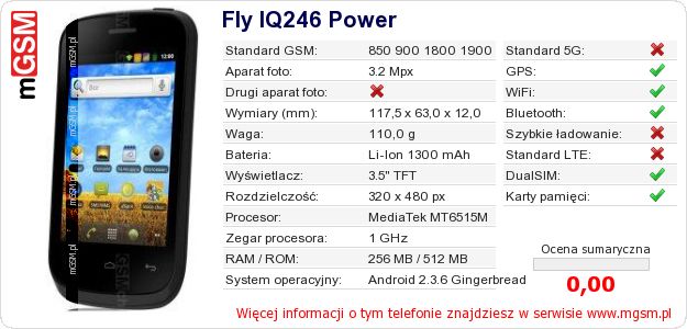 Dane telefonu Fly IQ246 Power Dane telefonu Fly IQ246 Power