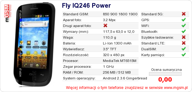 Dane telefonu Fly IQ246 Power