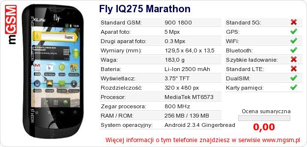 Dane telefonu Fly IQ275 Marathon