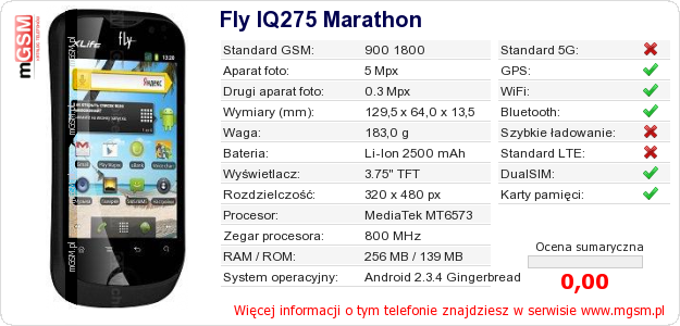 Dane telefonu Fly IQ275 Marathon