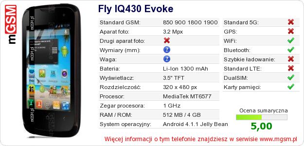 Dane telefonu Fly IQ430 Evoke