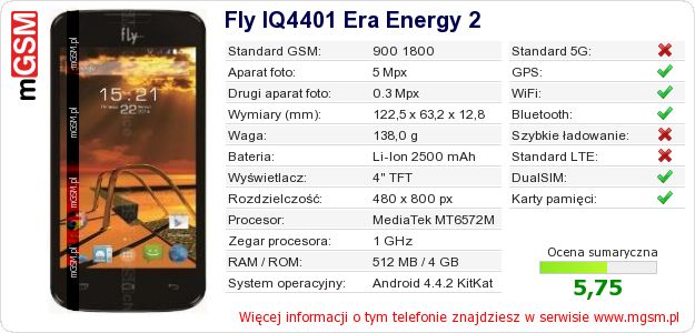 Dane telefonu Fly IQ4401 Era Energy 2 Dane telefonu Fly IQ4401 Era Energy 2