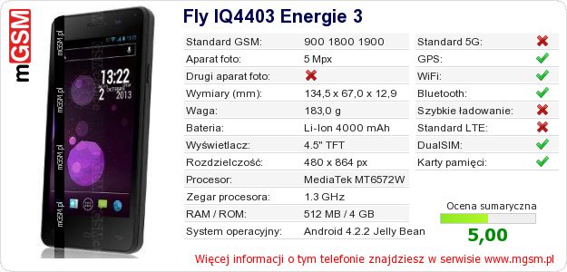 Dane telefonu Fly IQ4403 Energie 3
