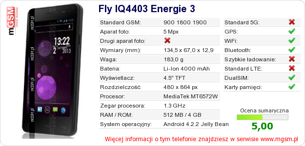 Dane telefonu Fly IQ4403 Energie 3