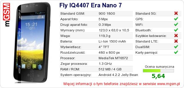 Dane telefonu Fly IQ4407 Era Nano 7 Dane telefonu Fly IQ4407 Era Nano 7