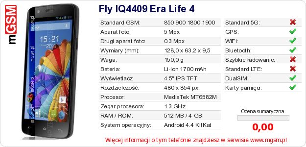 Dane telefonu Fly IQ4409 Era Life 4