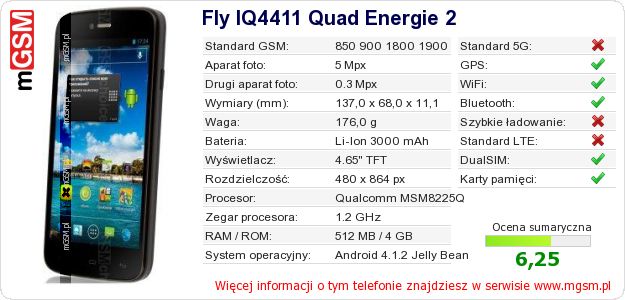 Dane telefonu Fly IQ4411 Quad Energie 2 Dane telefonu Fly IQ4411 Quad Energie 2