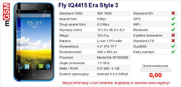 Dane telefonu Fly IQ4415 Era Style 3 Dane telefonu Fly IQ4415 Era Style 3