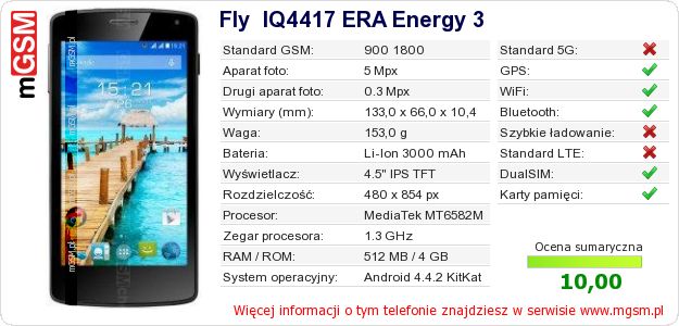 Dane telefonu Fly IQ4417 ERA Energy 3 Dane telefonu Fly IQ4417 ERA Energy 3