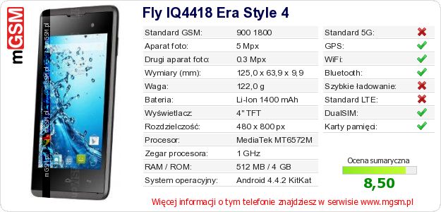 Dane telefonu Fly IQ4418 Era Style 4 Dane telefonu Fly IQ4418 Era Style 4