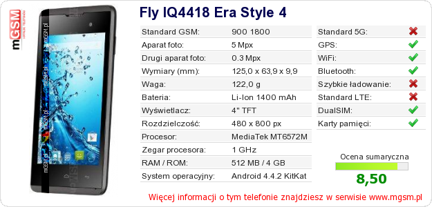 Dane telefonu Fly IQ4418 Era Style 4