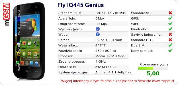 Dane telefonu Fly IQ445 Genius Dane telefonu Fly IQ445 Genius