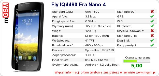 Dane telefonu Fly IQ4490 Era Nano 4 Dane telefonu Fly IQ4490 Era Nano 4