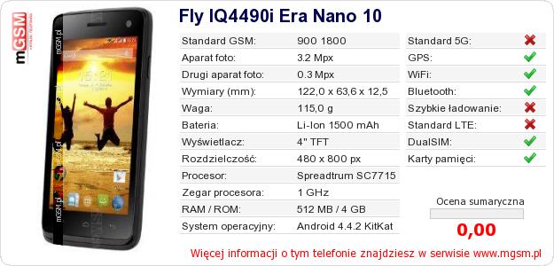 Dane telefonu Fly IQ4490i Era Nano 10
