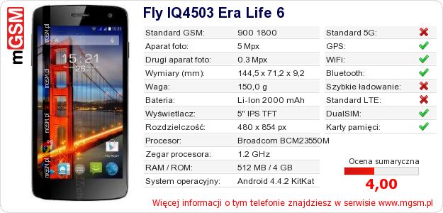 Dane telefonu Fly IQ4503 Era Life 6