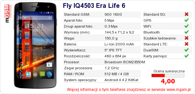 Dane telefonu Fly IQ4503 Era Life 6