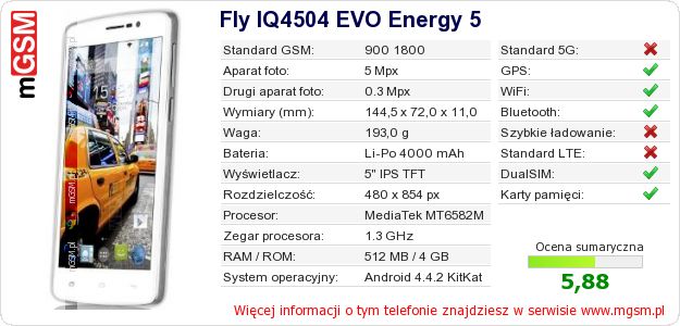 Dane telefonu Fly IQ4504 EVO Energy 5