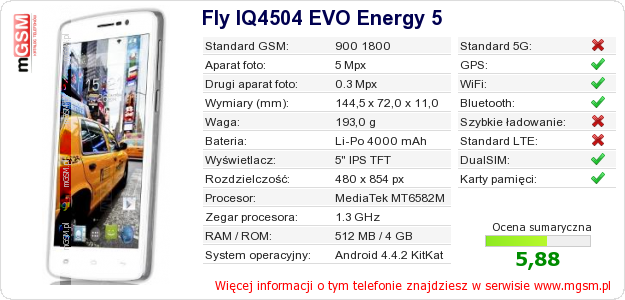 Dane telefonu Fly IQ4504 EVO Energy 5