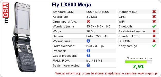 Dane telefonu Fly LX600 Mega