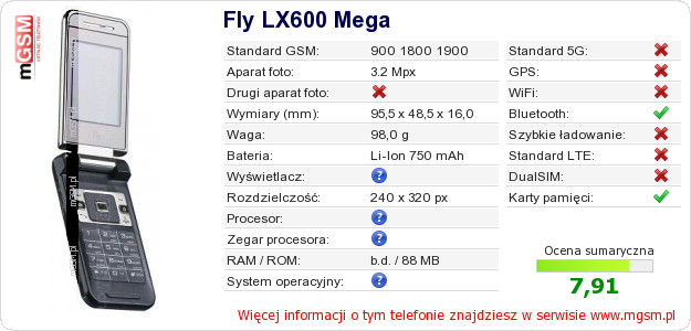Dane telefonu Fly LX600 Mega