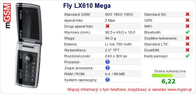 Dane telefonu Fly LX610 Mega