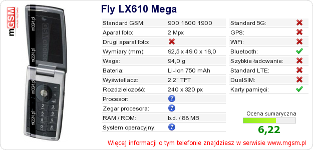 Dane telefonu Fly LX610 Mega
