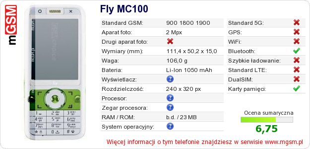 Dane telefonu Fly MC100 Dane telefonu Fly MC100