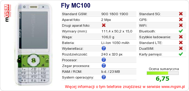 Dane telefonu Fly MC100 Dane telefonu Fly MC100