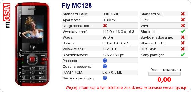 Dane telefonu Fly MC128