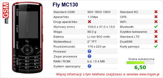 Dane telefonu Fly MC130 Dane telefonu Fly MC130