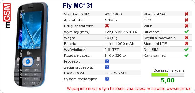 Dane telefonu Fly MC131 Dane telefonu Fly MC131