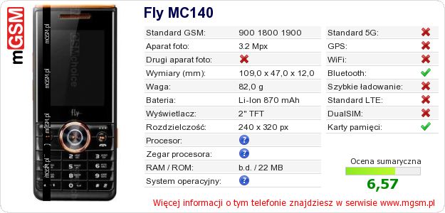Dane telefonu Fly MC140 Dane telefonu Fly MC140