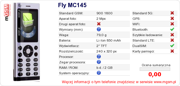 Dane telefonu Fly MC145 Dane telefonu Fly MC145