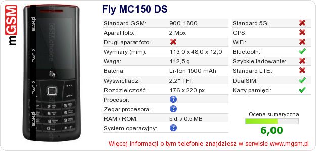 Dane telefonu Fly MC150 DS Dane telefonu Fly MC150 DS