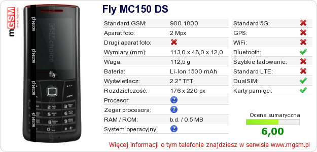 Dane telefonu Fly MC150 DS