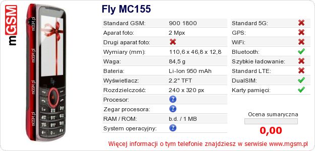 Dane telefonu Fly MC155