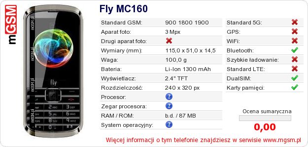 Dane telefonu Fly MC160 Dane telefonu Fly MC160