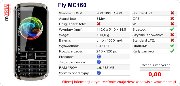 Dane telefonu Fly MC160