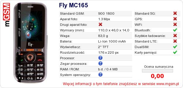 Dane telefonu Fly MC165 Dane telefonu Fly MC165