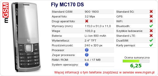 Dane telefonu Fly MC170 DS