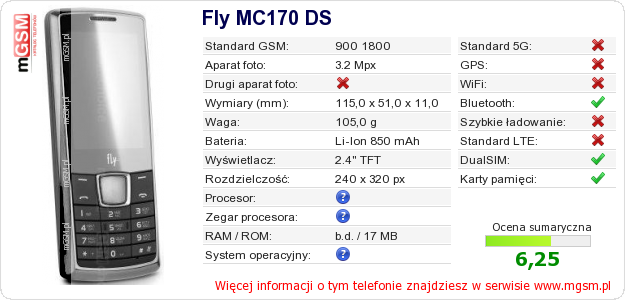 Dane telefonu Fly MC170 DS