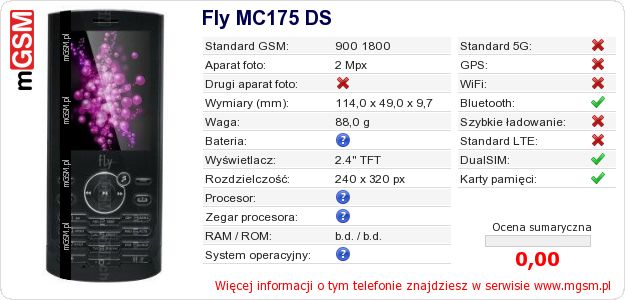 Dane telefonu Fly MC175 DS