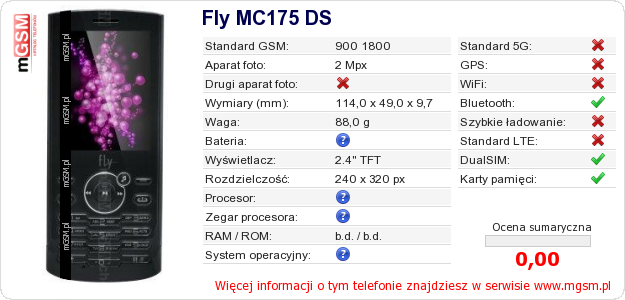 Dane telefonu Fly MC175 DS